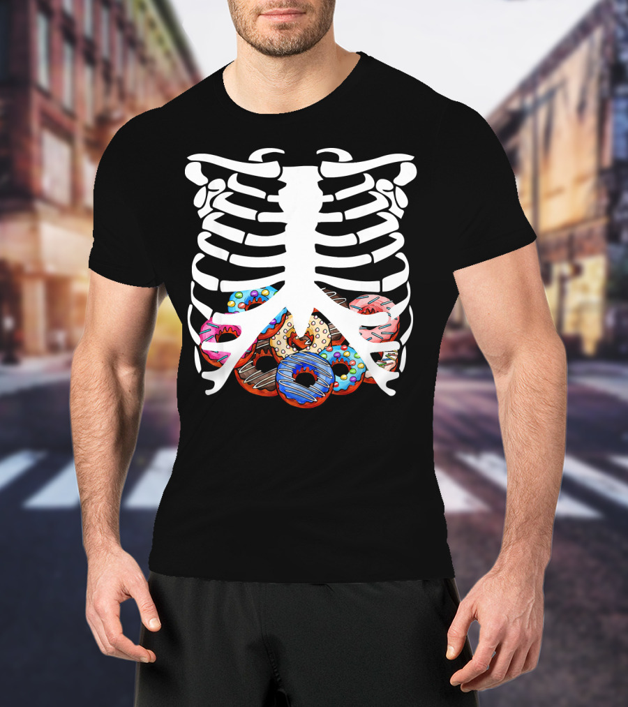 Halloween Skeleton Ribcage With Colorful Donut Food T-Shirt