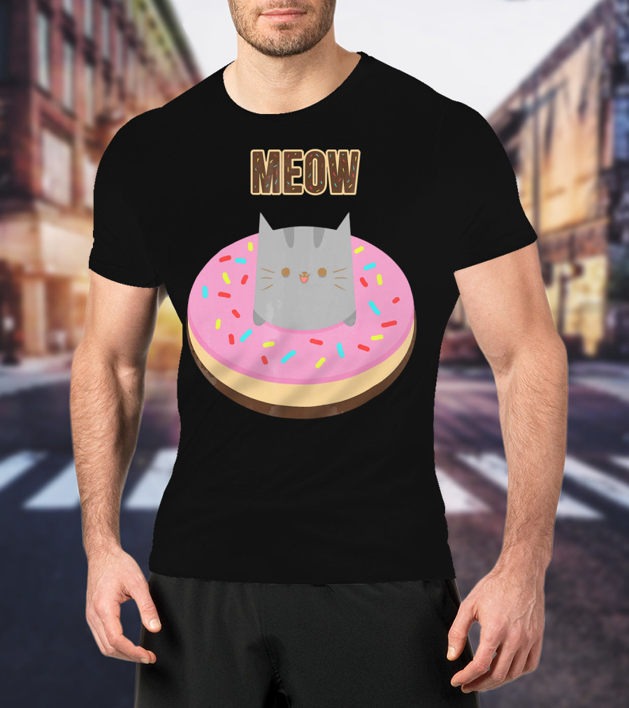 MEOW Adorable Cat Sitting In Colorful Donut T-Shirt