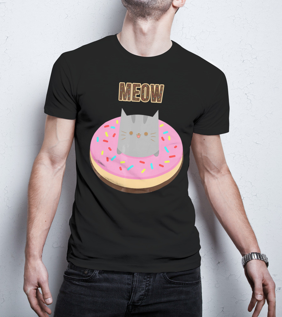 MEOW Adorable Cat Sitting In Colorful Donut T-Shirt