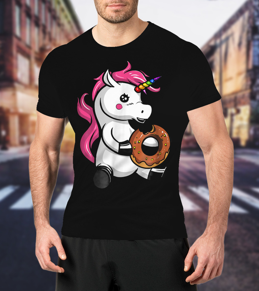 Magical Unicorn With Rainbow Horn Enjoying Chocolate Donut T-Shirt