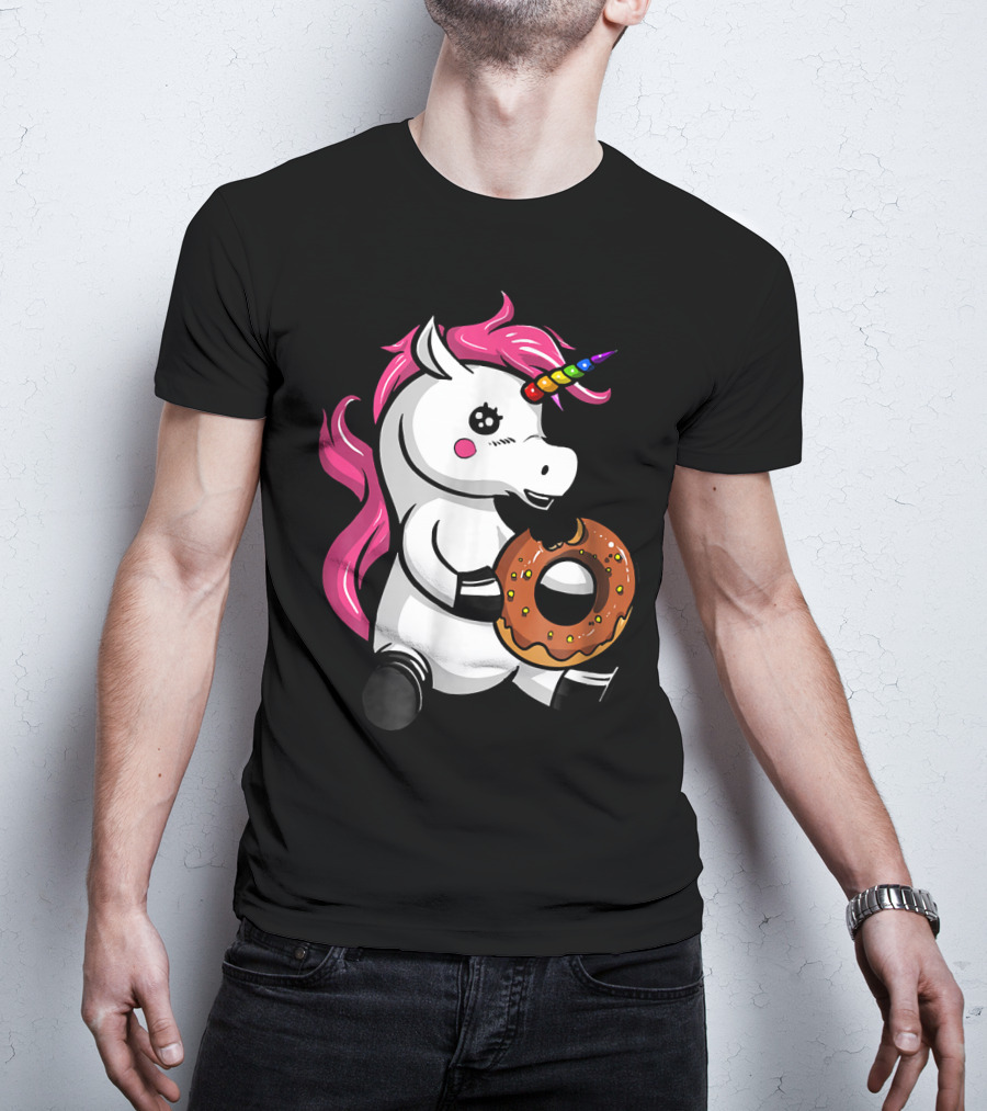 Magical Unicorn With Rainbow Horn Enjoying Chocolate Donut T-Shirt