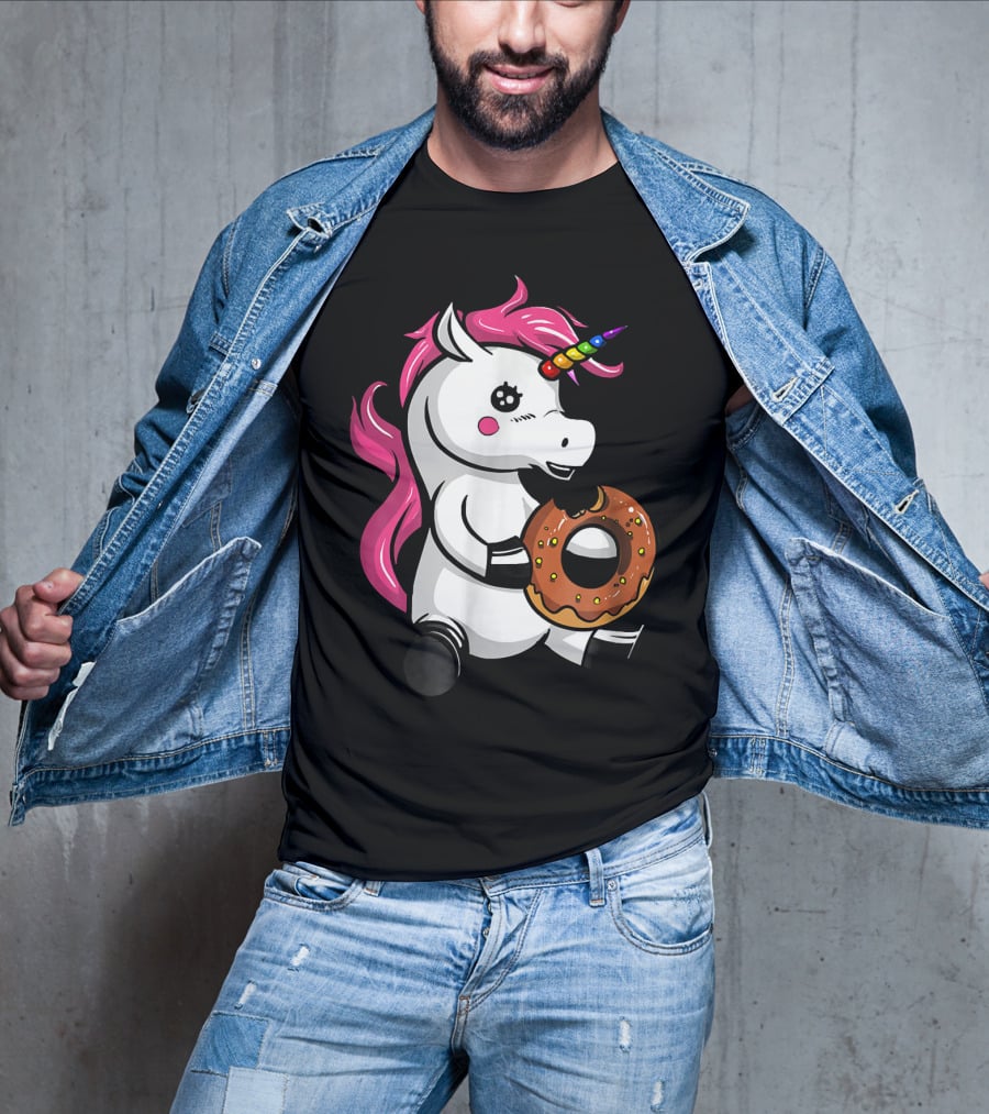 Magical Unicorn With Rainbow Horn Enjoying Chocolate Donut T-Shirt