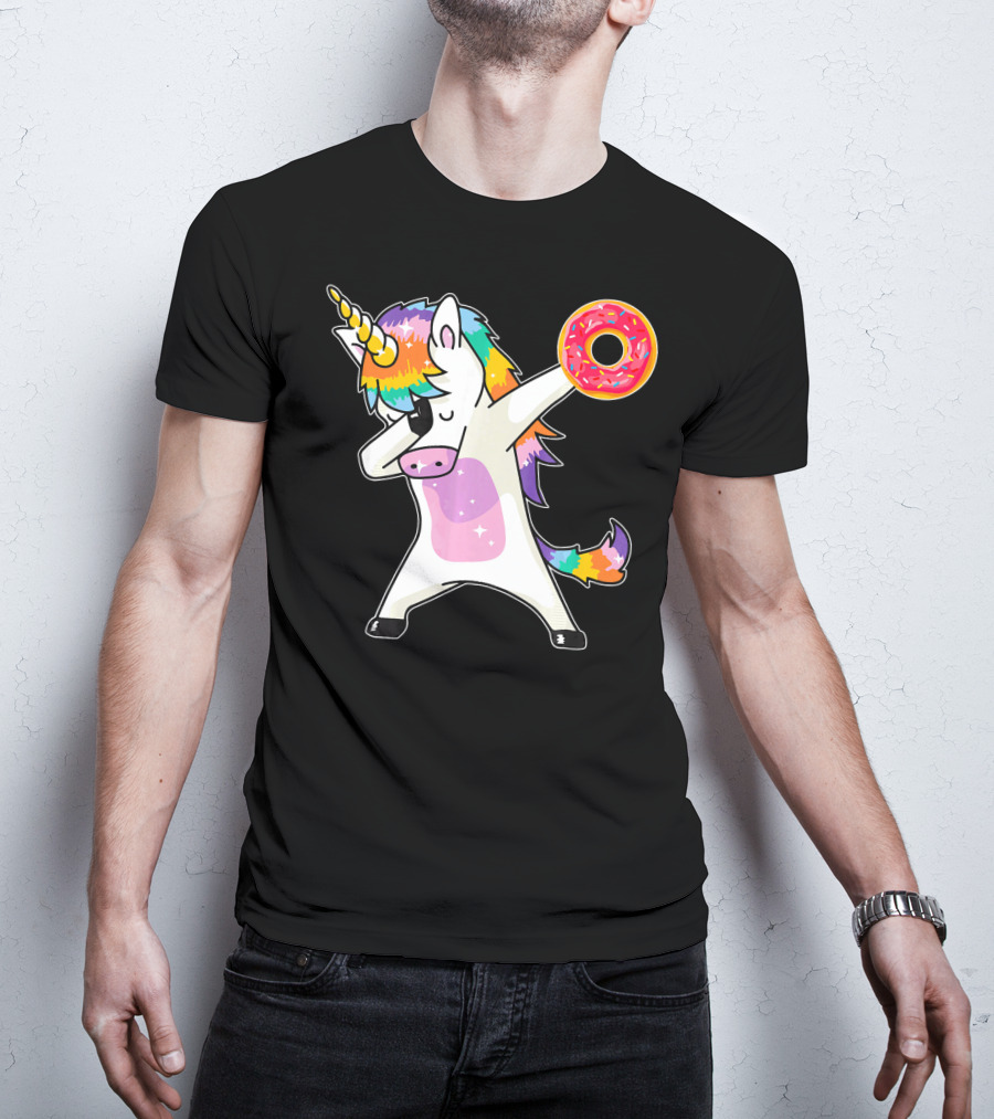 Cute Dabbing Rainbow Unicorn Holding Doughnut Donut T-Shirt