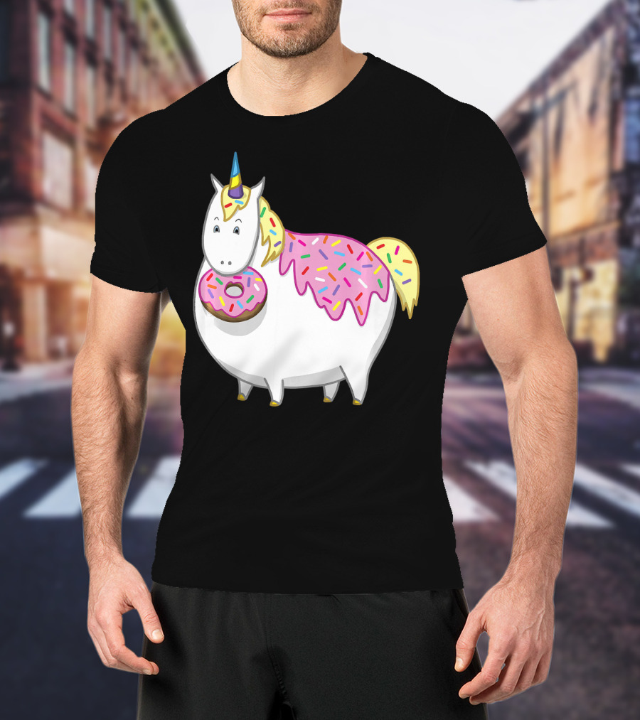 Funny Cute Fat Unicorn With Pink Frosting Doughnut T-Shirt