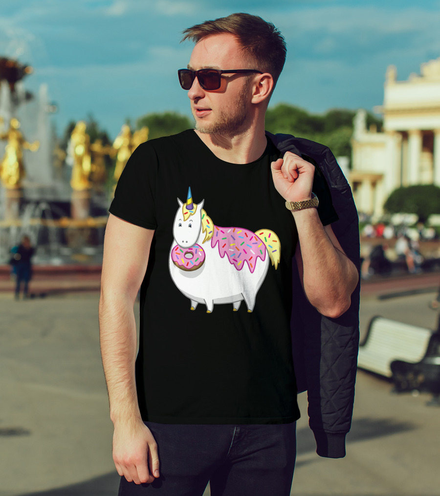 Funny Cute Fat Unicorn With Pink Frosting Doughnut T-Shirt