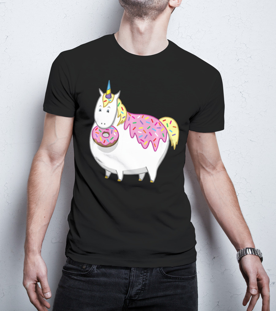 Funny Cute Fat Unicorn With Pink Frosting Doughnut T-Shirt