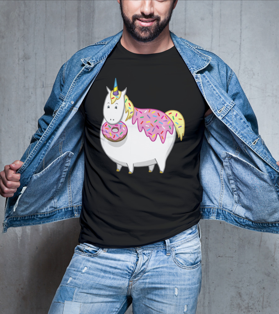 Funny Cute Fat Unicorn With Pink Frosting Doughnut T-Shirt