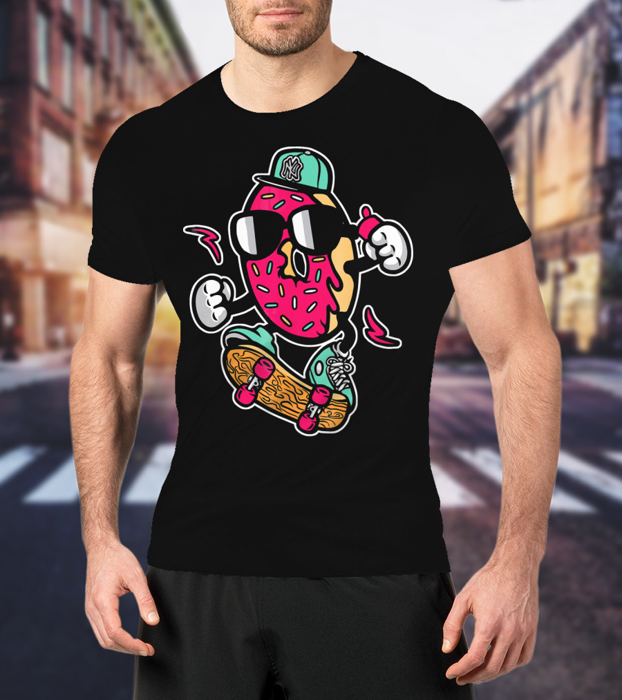 Cute Funny Unique Donut Skateboard Car With NY Hat T-Shirt