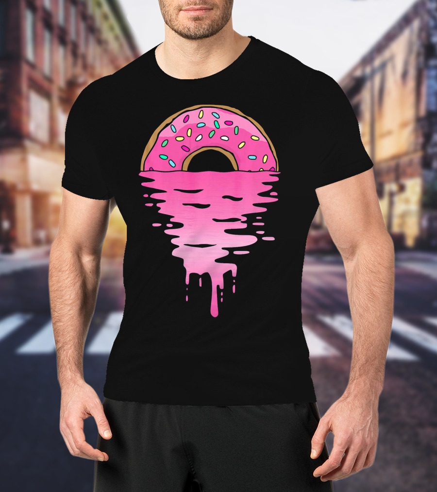 Pink Glazed Donut Melting Into Sunset Horizon T-Shirt