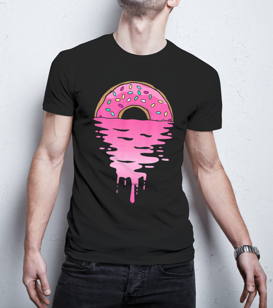 Pink Glazed Donut Melting Into Sunset Horizon T-Shirt