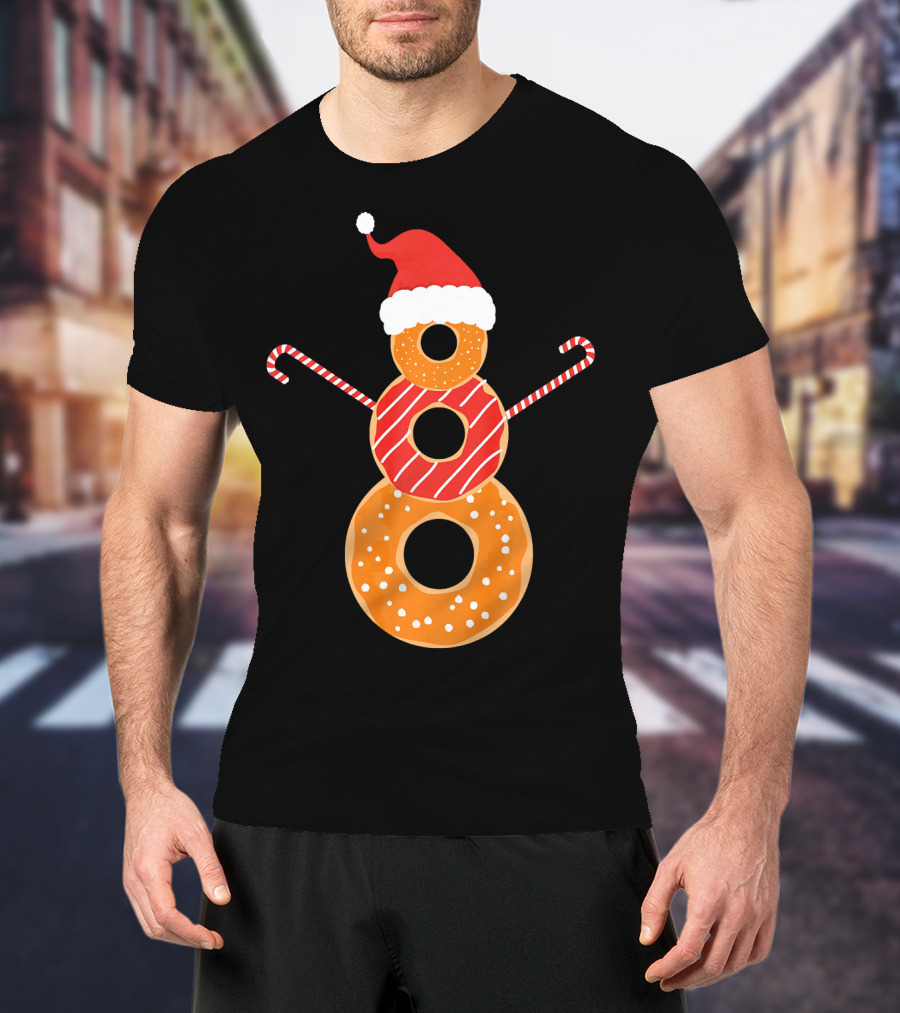 Santa Hat Donuts Doughnut Snowman With Candy Cane Arms T-Shirt