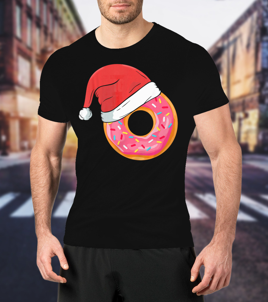 Santa Hat On Sprinkled Donut Holiday Humor T-Shirt