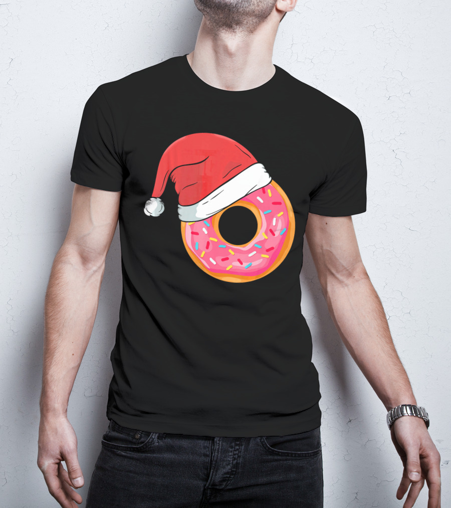 Santa Hat On Sprinkled Donut Holiday Humor T-Shirt