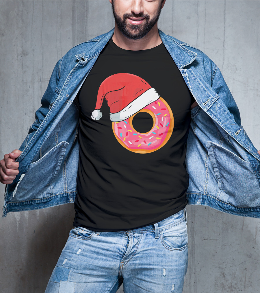 Santa Hat On Sprinkled Donut Holiday Humor T-Shirt