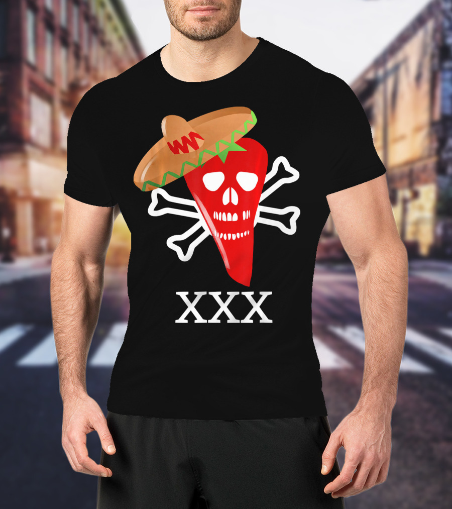 Funny Red Hot Chili Pepper Sombrero Skull Crossbones XXX T-Shirt
