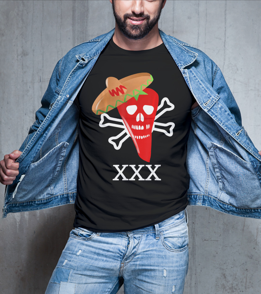 Funny Red Hot Chili Pepper Sombrero Skull Crossbones XXX T-Shirt