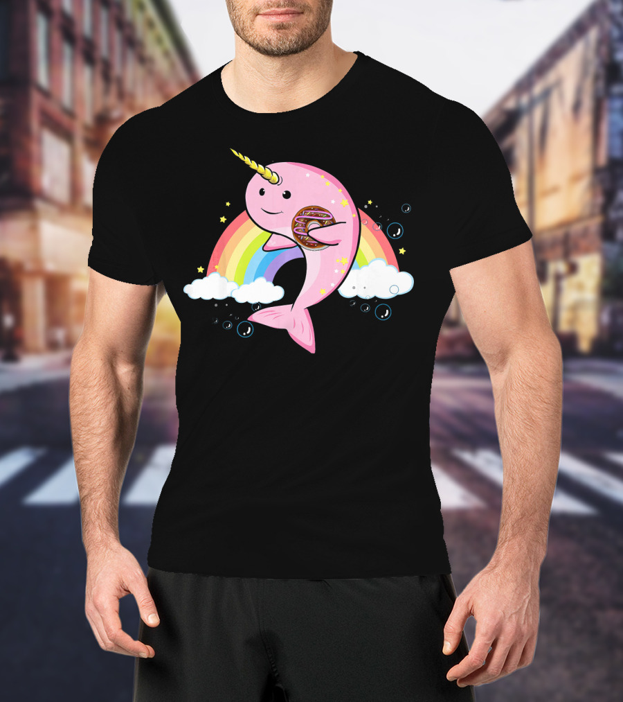 Funny Narwhal Unicorn Of The Sea With Donut On Rainbow Cloud T-Shirt