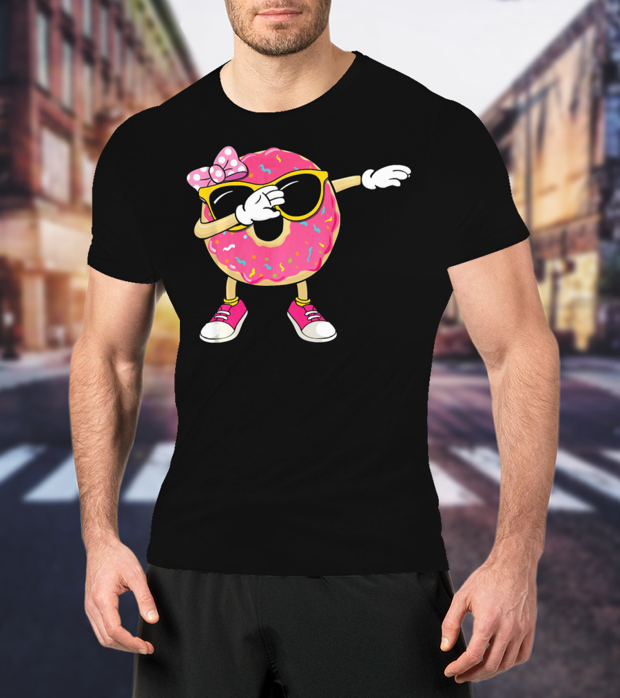 Dabbing Donut With Pink Frosting Sunglasses And Bow T-Shirt