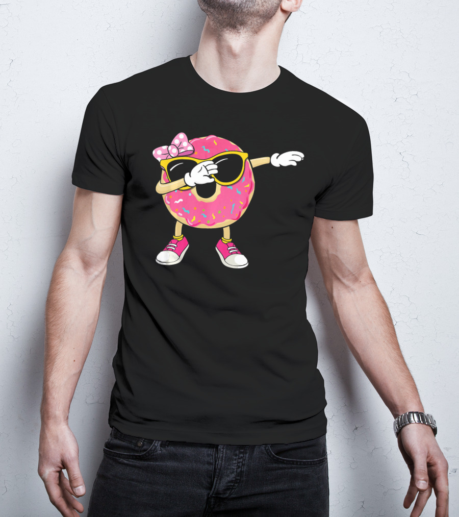 Dabbing Donut With Pink Frosting Sunglasses And Bow T-Shirt