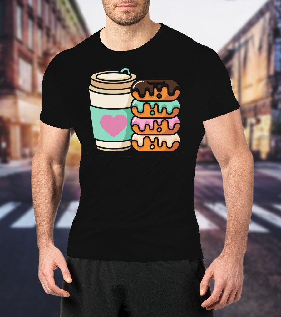 Coffee Donut Lover Heart Stack Doughnut T-Shirt