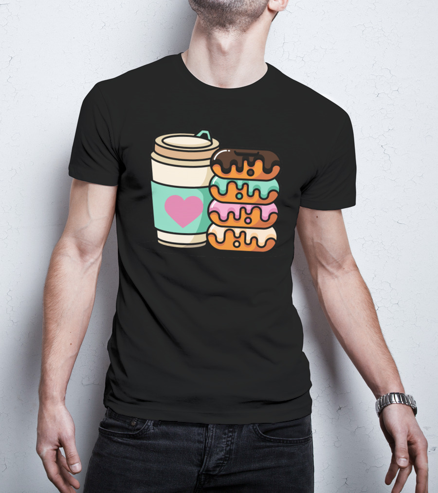 Coffee Donut Lover Heart Stack Doughnut T-Shirt