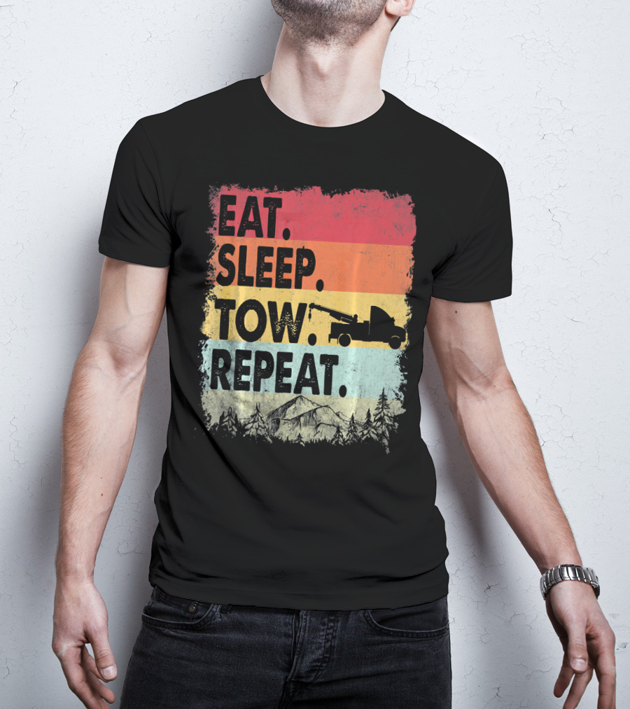 Eat Sleep Tow Repeat Funny Tow Truck Vintage Sunset Mountains Forest T-Shirt