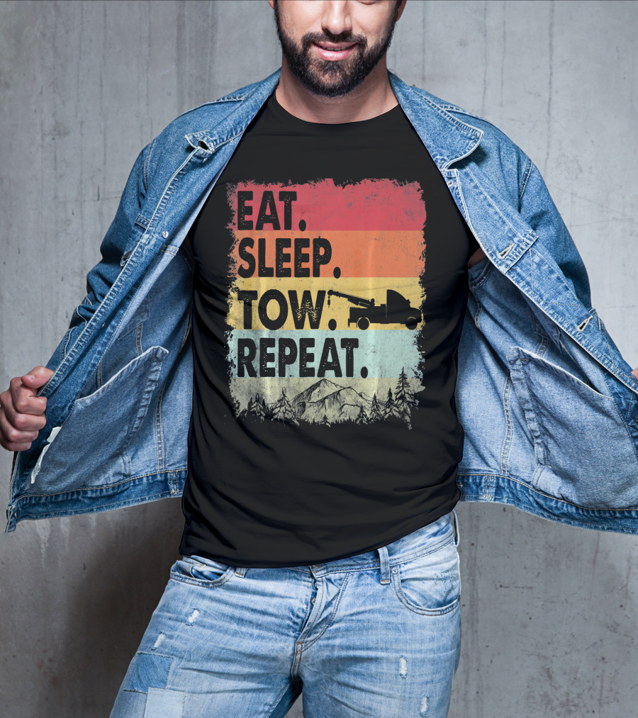 Eat Sleep Tow Repeat Funny Tow Truck Vintage Sunset Mountains Forest T-Shirt