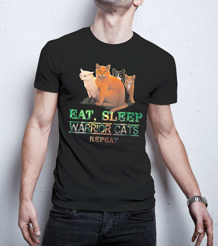 Eat Sleep Warrior Cats Repeat Funny Cat Illustration With Four Colorful Feline Characters T-Shirt