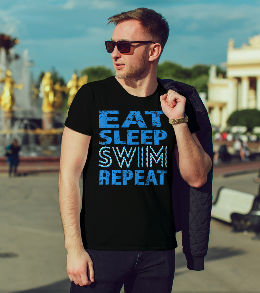 Eat Sleep Swim Repeat Wavy Text Blue T-Shirt