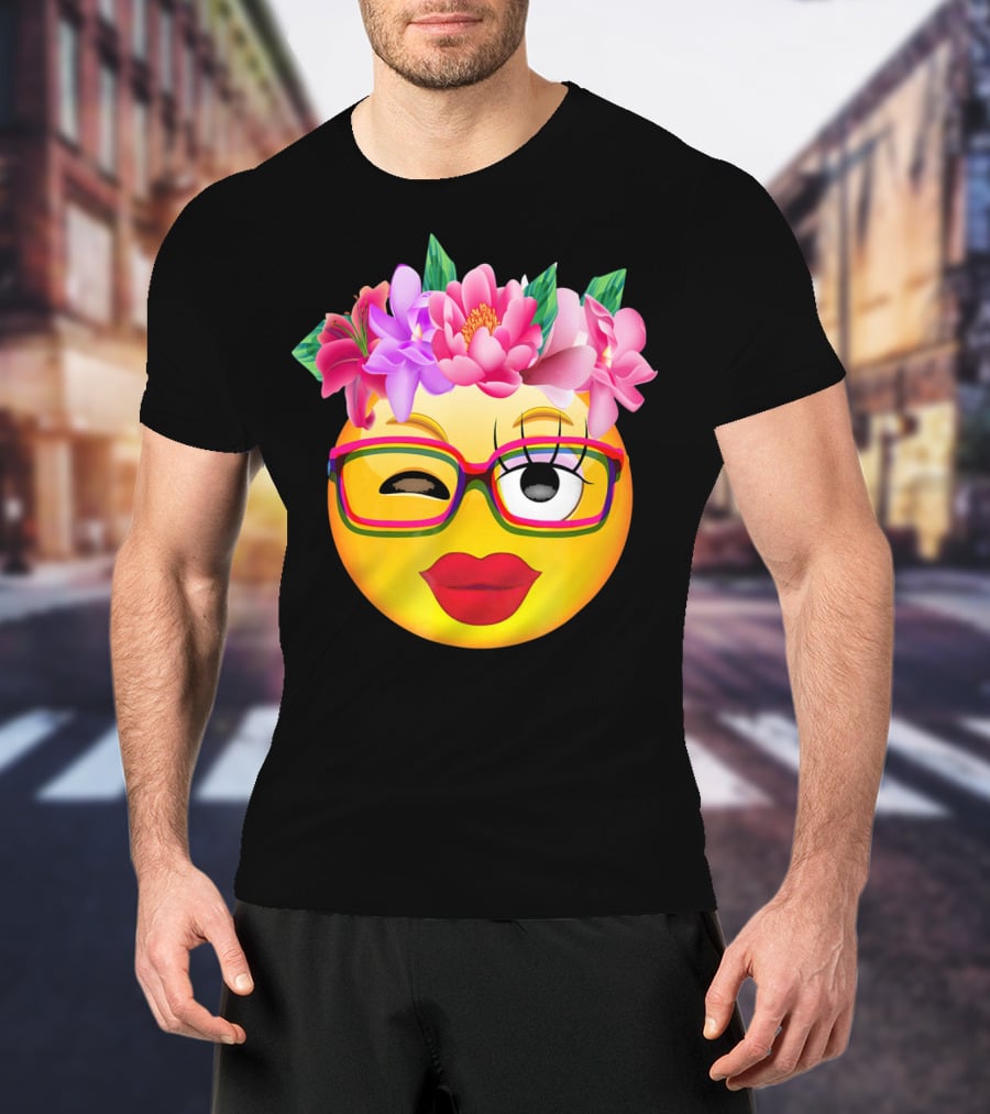Emoji Face Smiley Emoticon Nerd Winking Glasses And Flower Crown T-Shirt