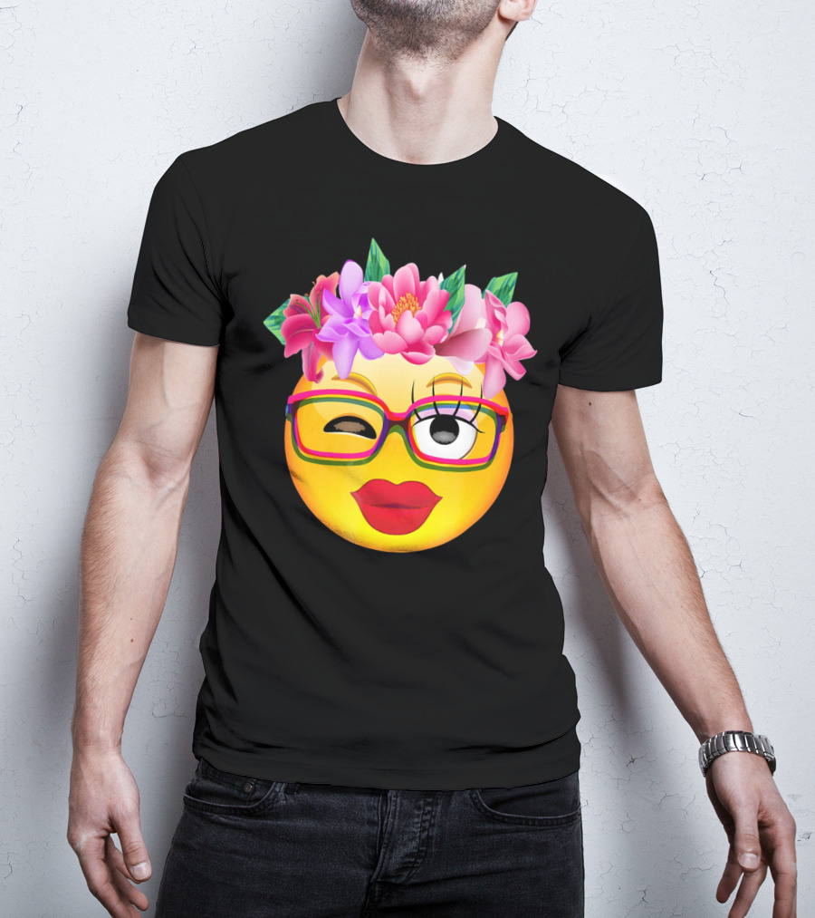 Emoji Face Smiley Emoticon Nerd Winking Glasses And Flower Crown T-Shirt
