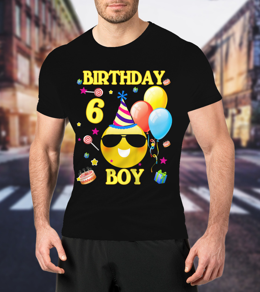 Birthday 6 Boy Emoji With Party Hat And Balloons T-Shirt