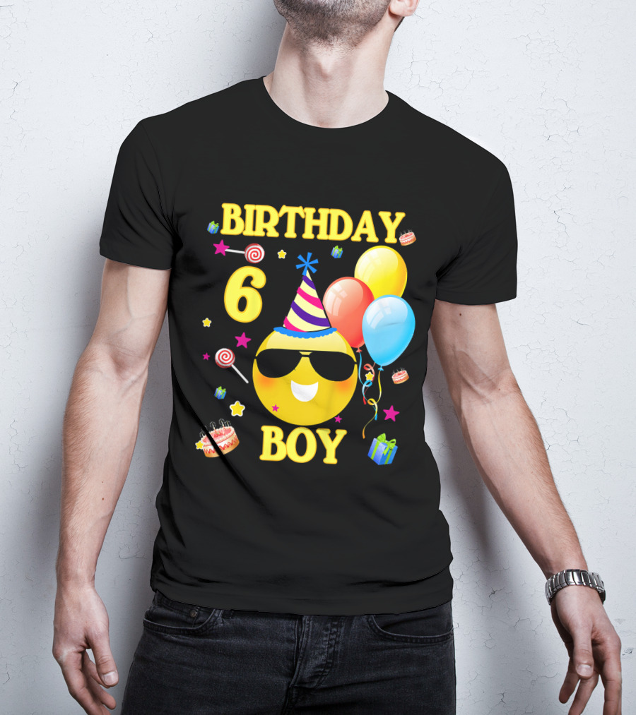 Birthday 6 Boy Emoji With Party Hat And Balloons T-Shirt