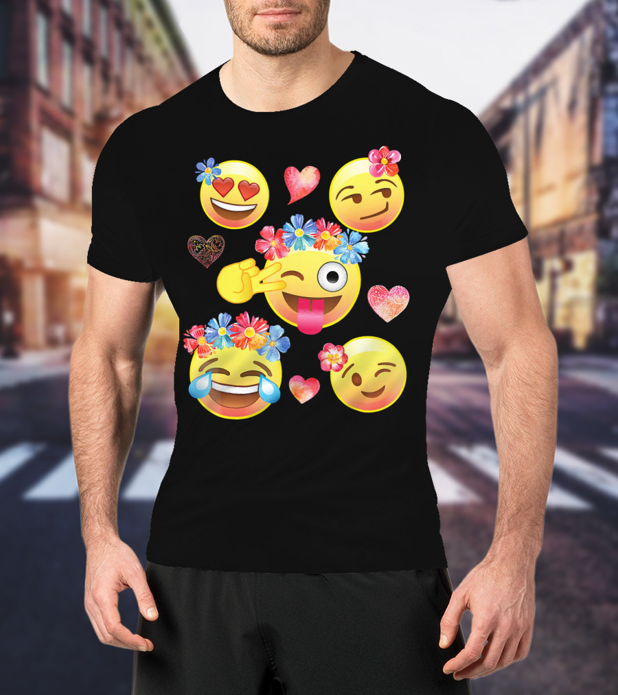 Cute Emoji Flower Crowns Heart Eyes Wink Tongue Out Laughing Crying Hearts T-Shirt