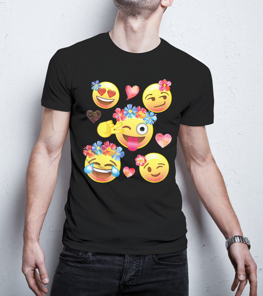 Cute Emoji Flower Crowns Heart Eyes Wink Tongue Out Laughing Crying Hearts T-Shirt