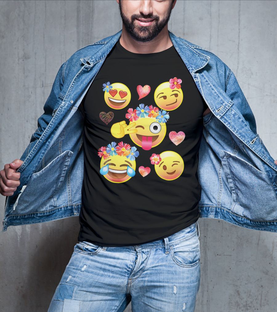 Cute Emoji Flower Crowns Heart Eyes Wink Tongue Out Laughing Crying Hearts T-Shirt