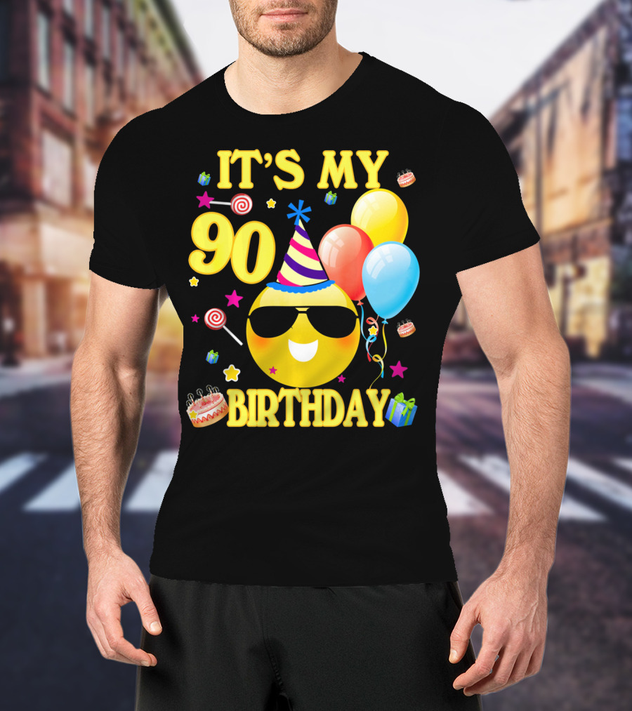 It's My 90 Birthday Cute Emoji Cake Balloons Party Hat T-Shirt