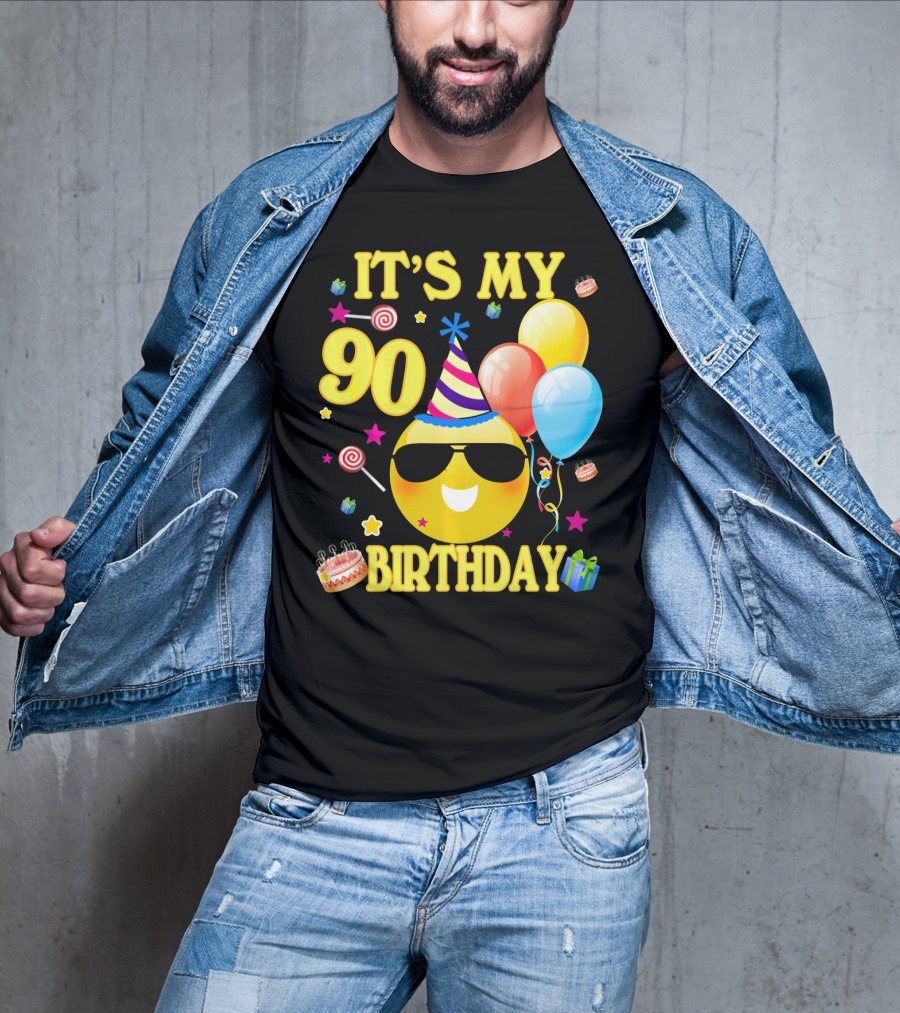 It's My 90 Birthday Cute Emoji Cake Balloons Party Hat T-Shirt