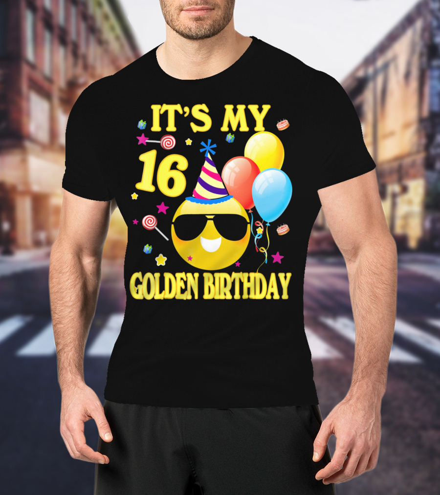 It's My 16 Golden Birthday Emoji Balloons Party Hat T-Shirt