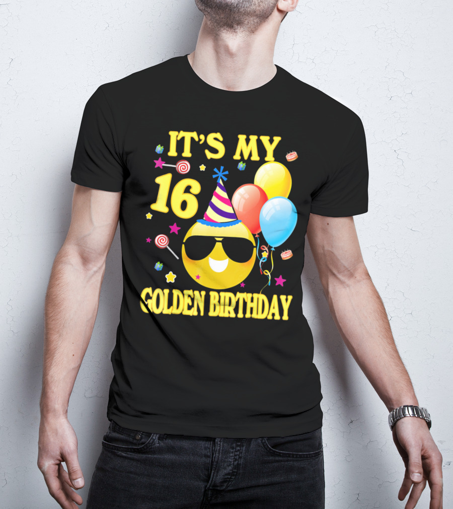 It's My 16 Golden Birthday Emoji Balloons Party Hat T-Shirt