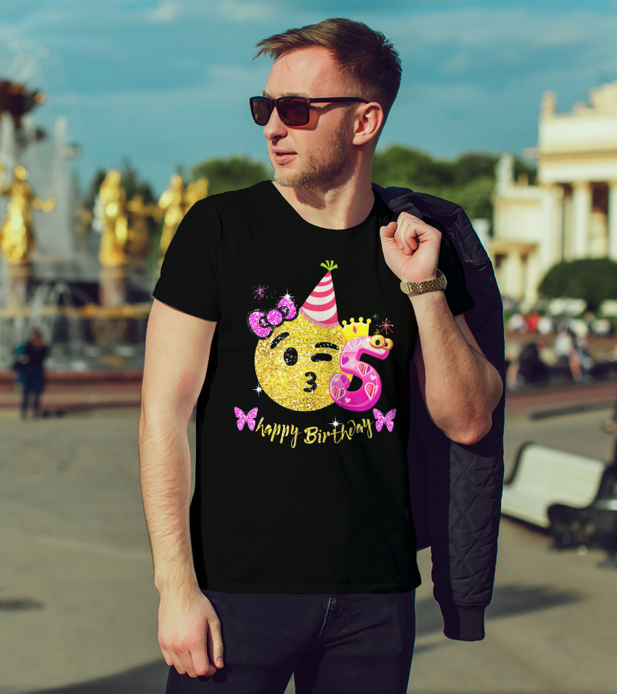 Happy Birthday Five Years Emoji Glitter T-Shirt