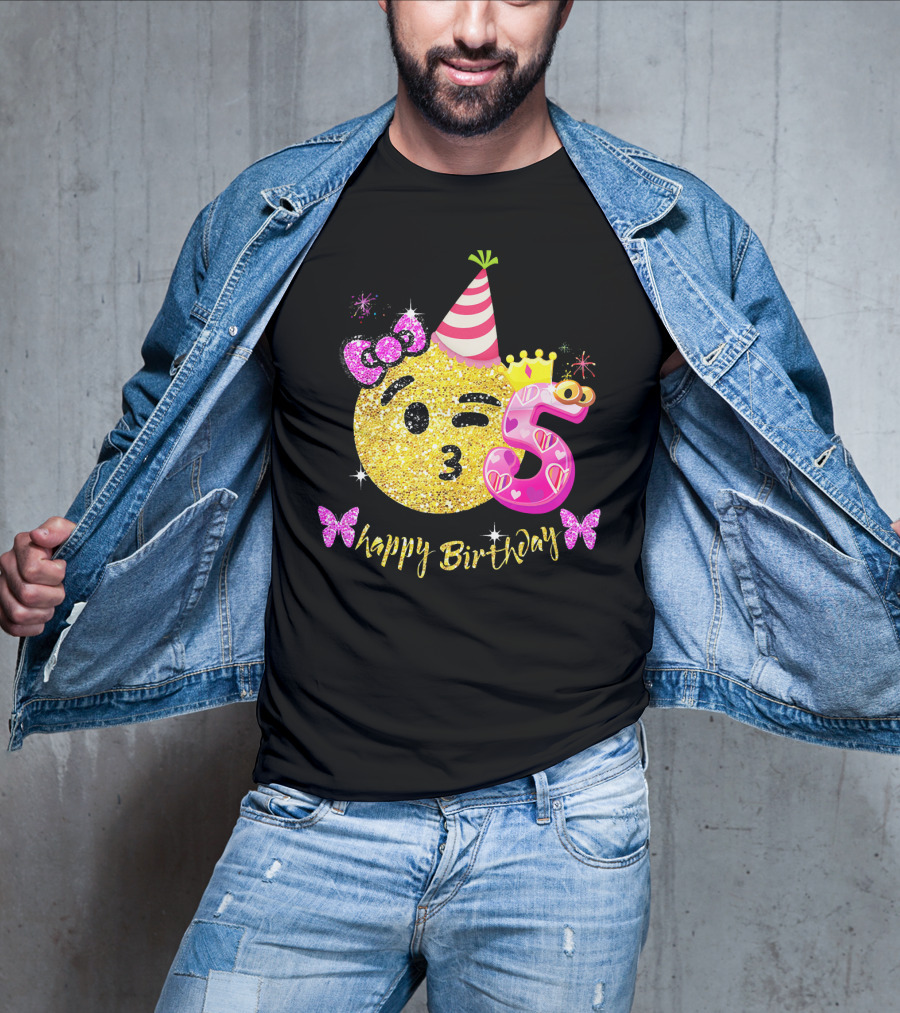Happy Birthday Five Years Emoji Glitter T-Shirt