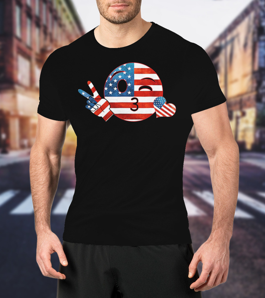 Unique Peace Emoji Patriotic American Flag Kiss Heart T-Shirt