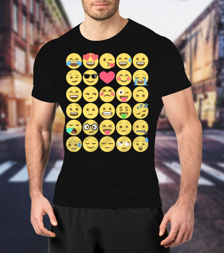Emoji Emoticons Smiley Faces Heart Sunglasses Laughing Crying Stack T-Shirt