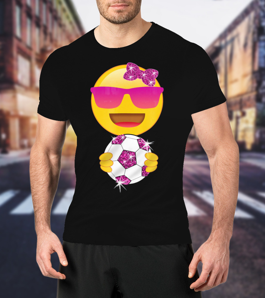 Cute Emoji With Sunglasses Holding A Sparkling Soccer Ball And Glitter Bow T-Shirt