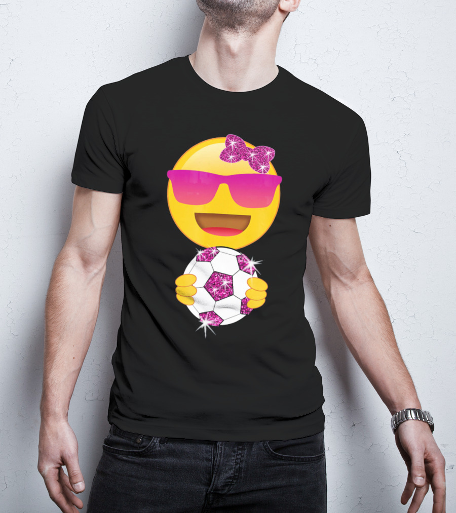 Cute Emoji With Sunglasses Holding A Sparkling Soccer Ball And Glitter Bow T-Shirt