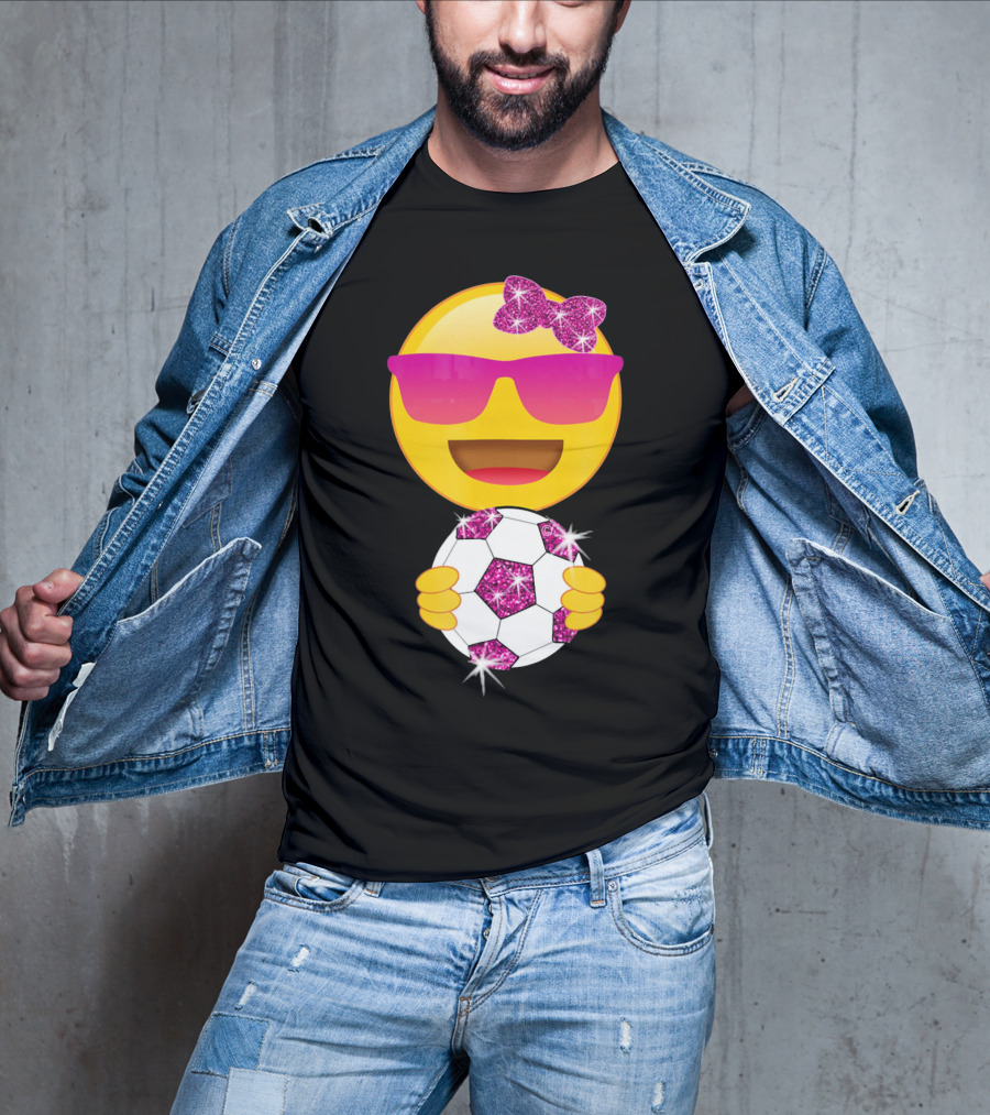 Cute Emoji With Sunglasses Holding A Sparkling Soccer Ball And Glitter Bow T-Shirt