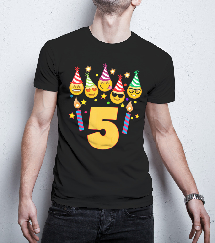Five Year Old Birthday With Party Emoji Faces And Candles T-Shirt