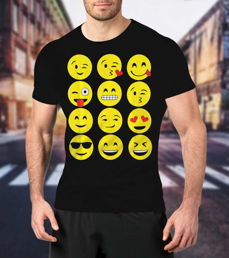 Emojis Funny Emoji Yellow Face Winking Smiling Heart Eyes Sunglasses Expression T-Shirt