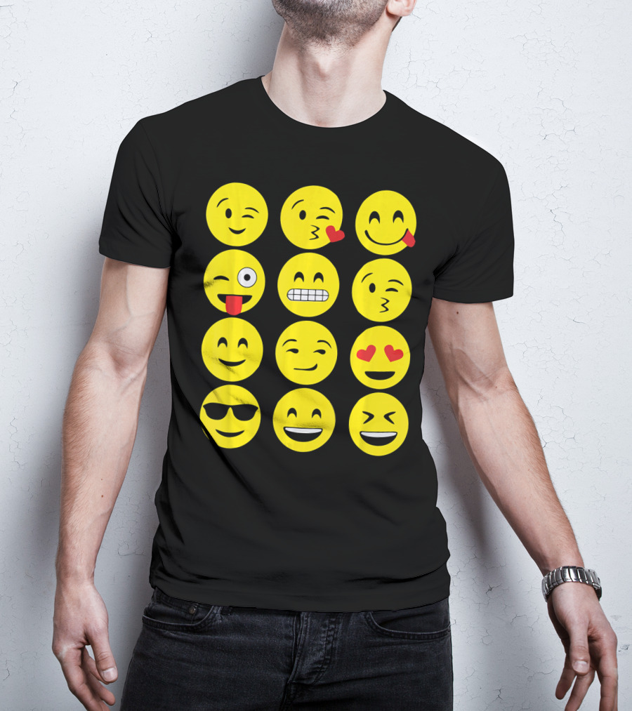 Emojis Funny Emoji Yellow Face Winking Smiling Heart Eyes Sunglasses Expression T-Shirt